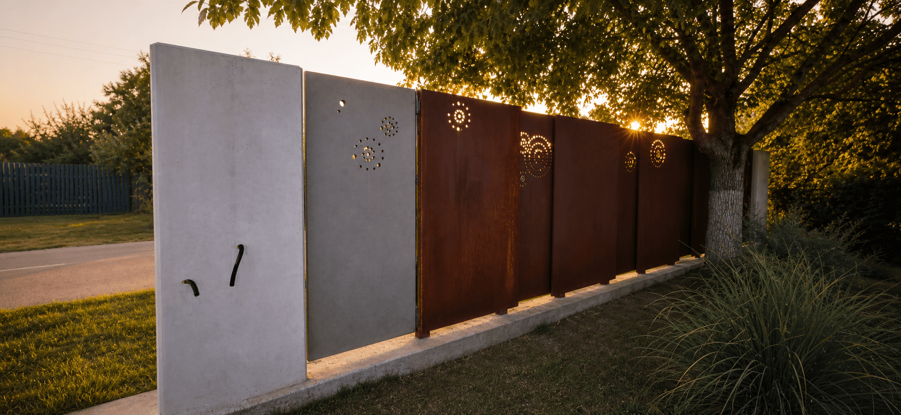 Panouri corten în stadii diferite de oxidare — de la gri-industrial la brun-auriu
