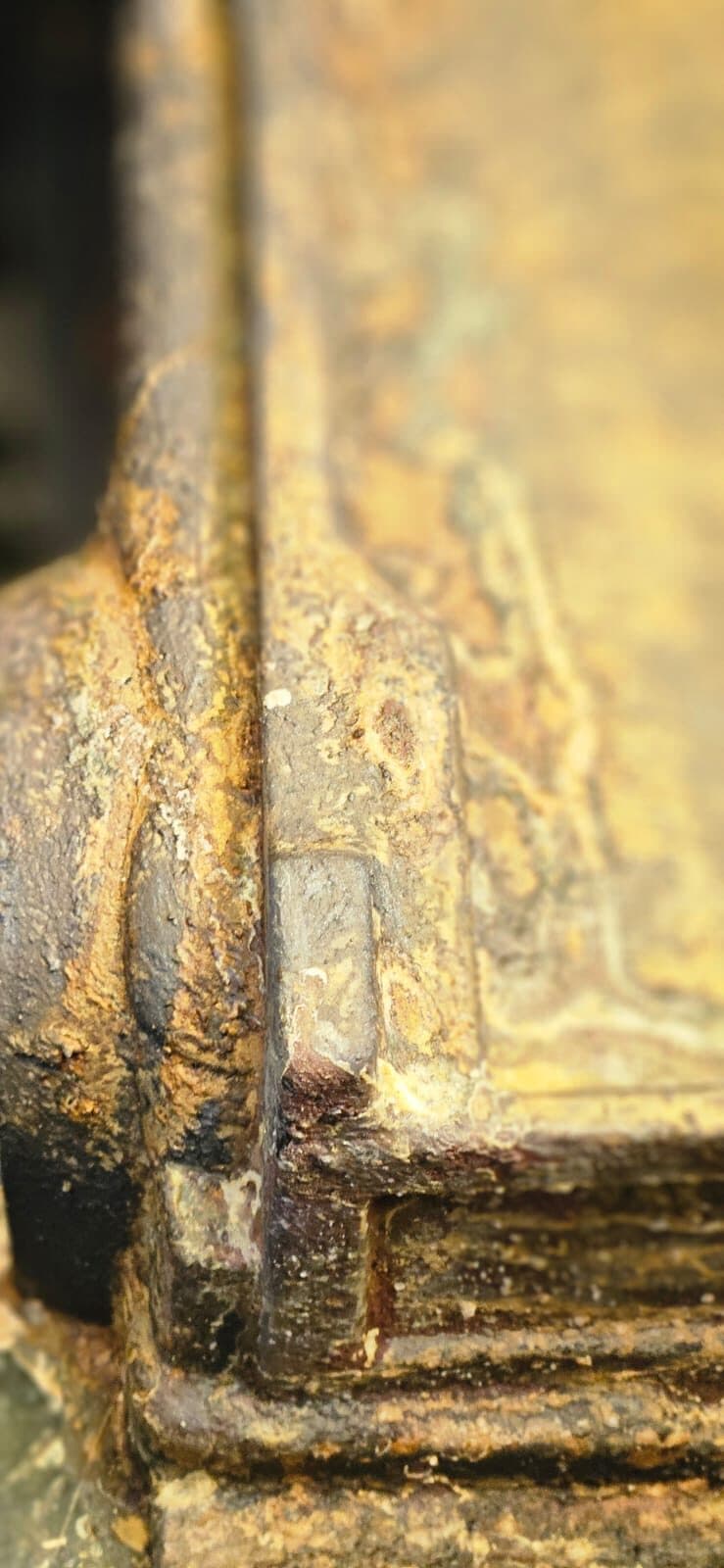 Macro — textura ruginii reale pe muchiile caroseriei
